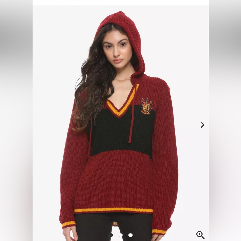 V-Neck Hooded Sweater in Burgundy with Black Panel and Gold Trim